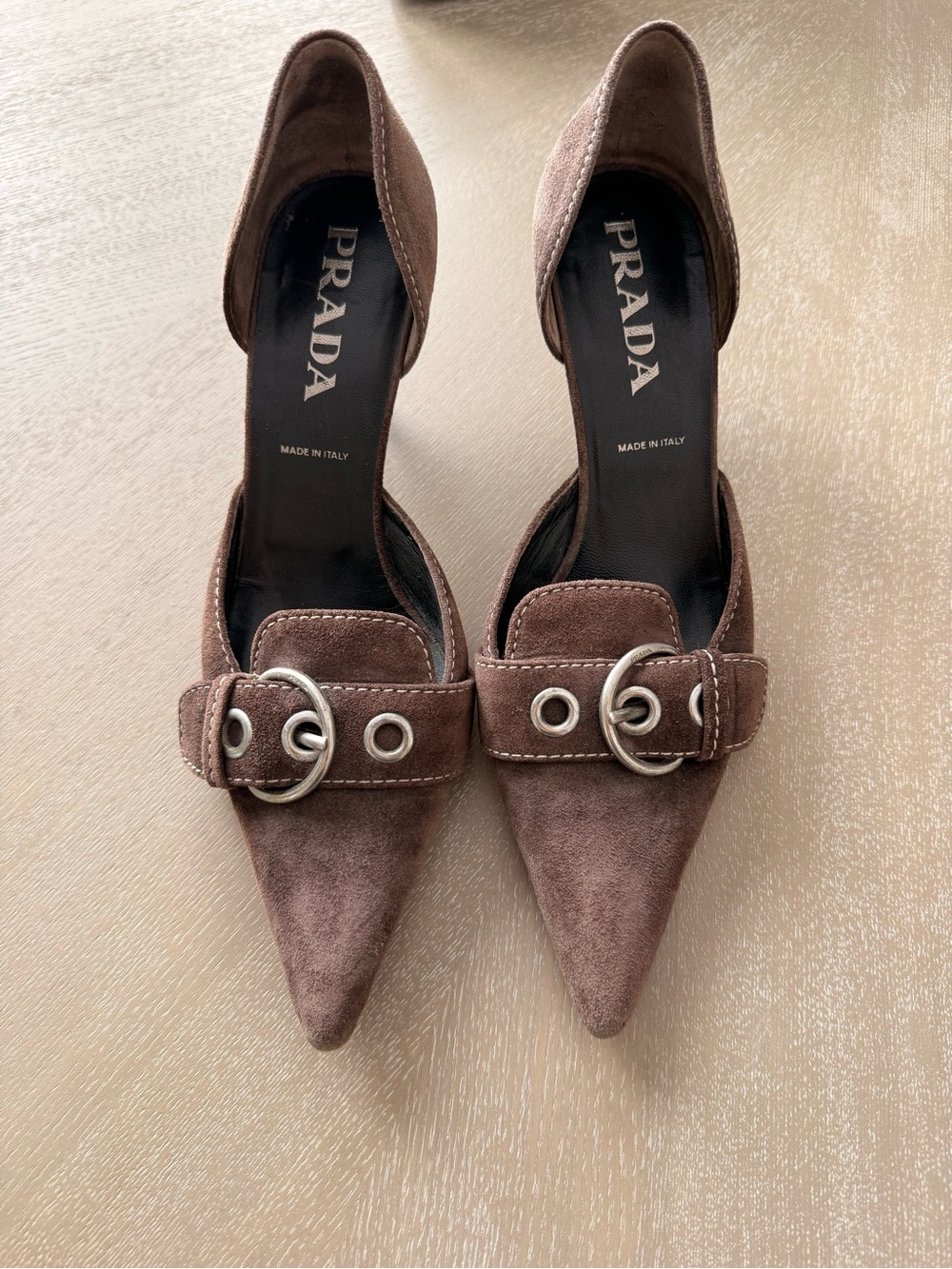 Prada Brown Suede D’Orsay Pointed Toe Buckle Kitten Heel Pumps EU 39